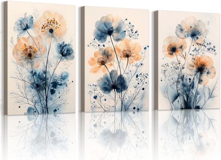 Set of 3 Blue Floral Canvas Wall Art 40x60cm Framed Prints - Kwikley