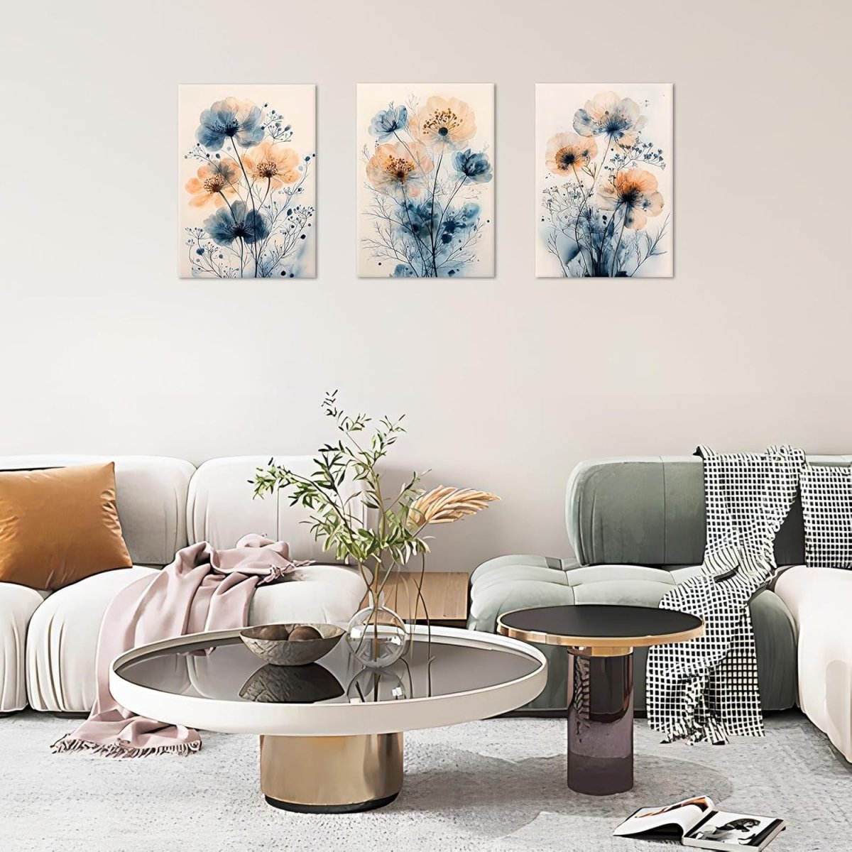 Set of 3 Blue Floral Canvas Wall Art 40x60cm Framed Prints - Kwikley
