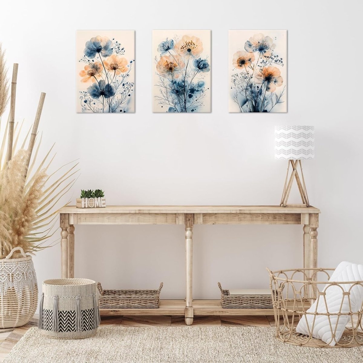 Set of 3 Blue Floral Canvas Wall Art 40x60cm Framed Prints - Kwikley