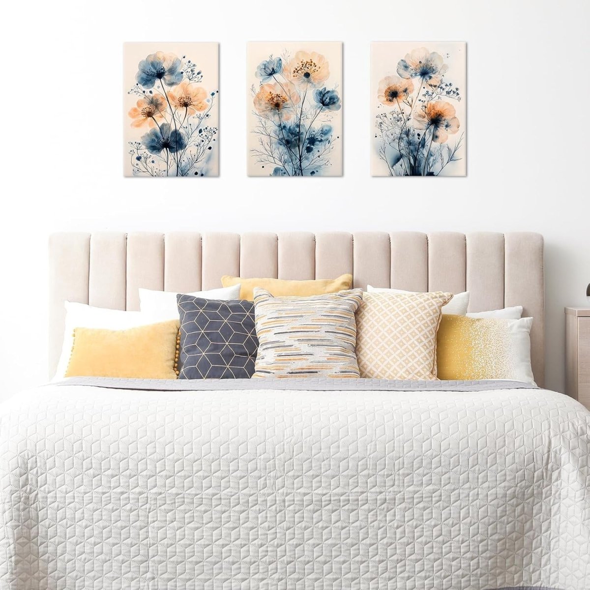Set of 3 Blue Floral Canvas Wall Art 40x60cm Framed Prints - Kwikley