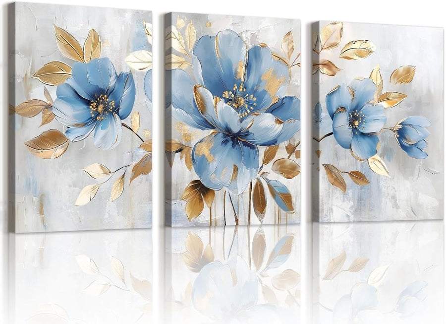 Set of 3 Blue Gold Floral Canvas Wall Art 40x60cm - Kwikley