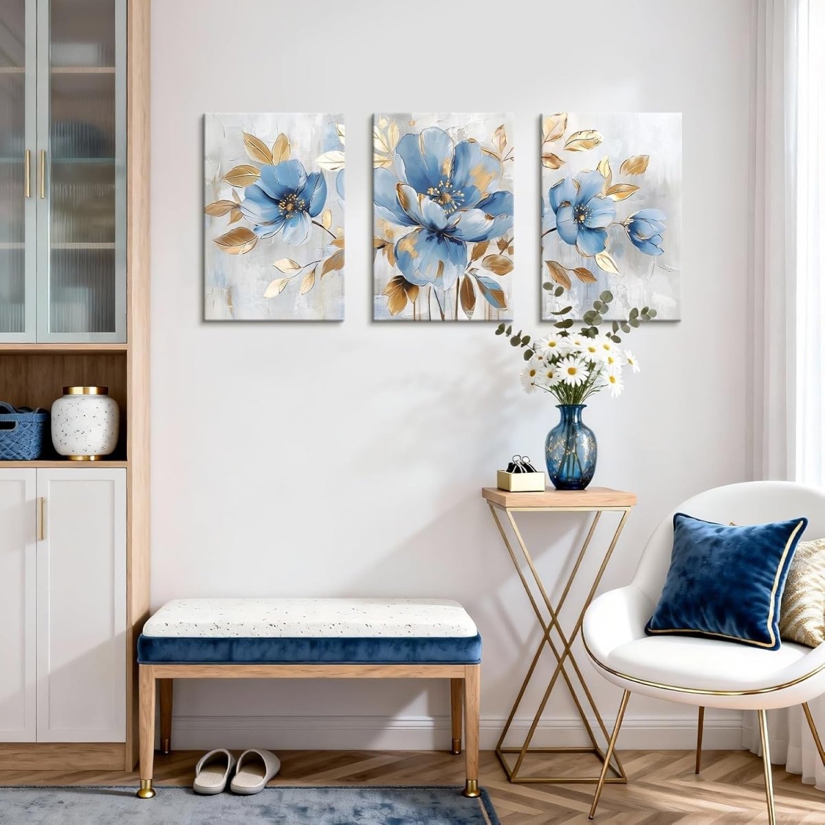 Set of 3 Blue Gold Floral Canvas Wall Art 40x60cm - Kwikley