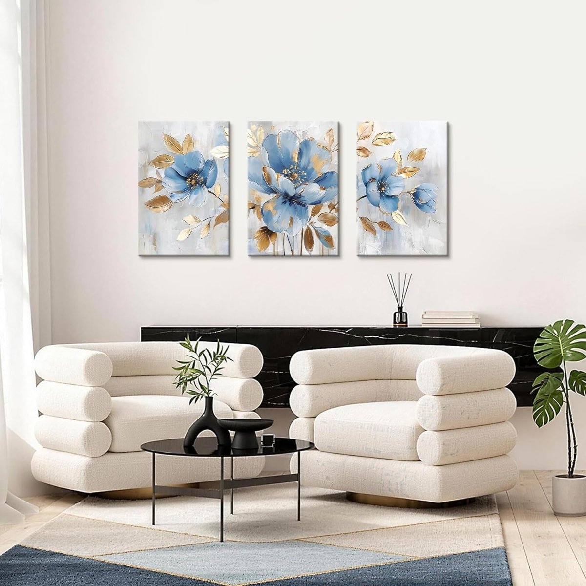 Set of 3 Blue Gold Floral Canvas Wall Art 40x60cm - Kwikley