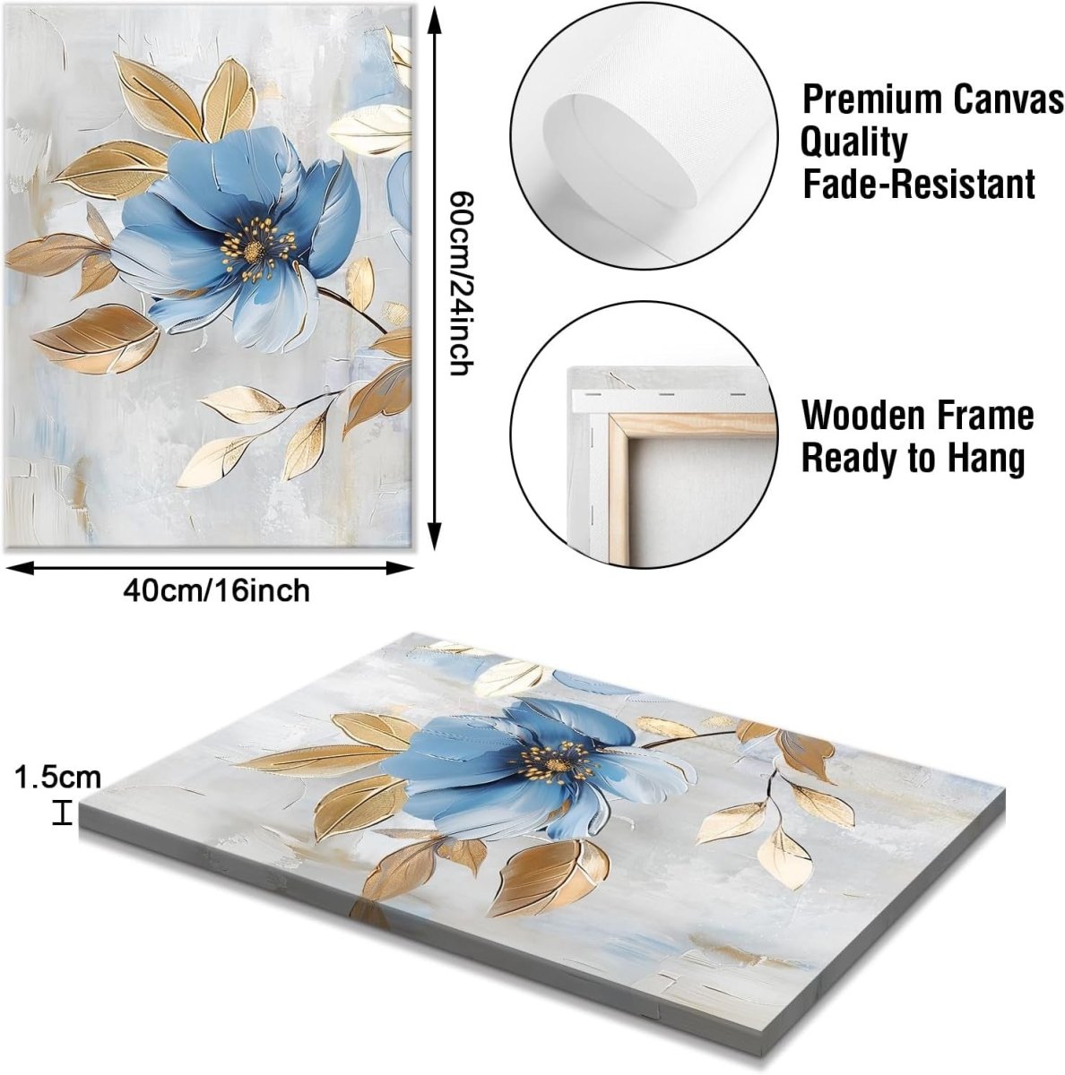 Set of 3 Blue Gold Floral Canvas Wall Art 40x60cm - Kwikley