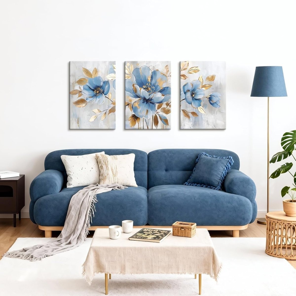Set of 3 Blue Gold Floral Canvas Wall Art 40x60cm - Kwikley