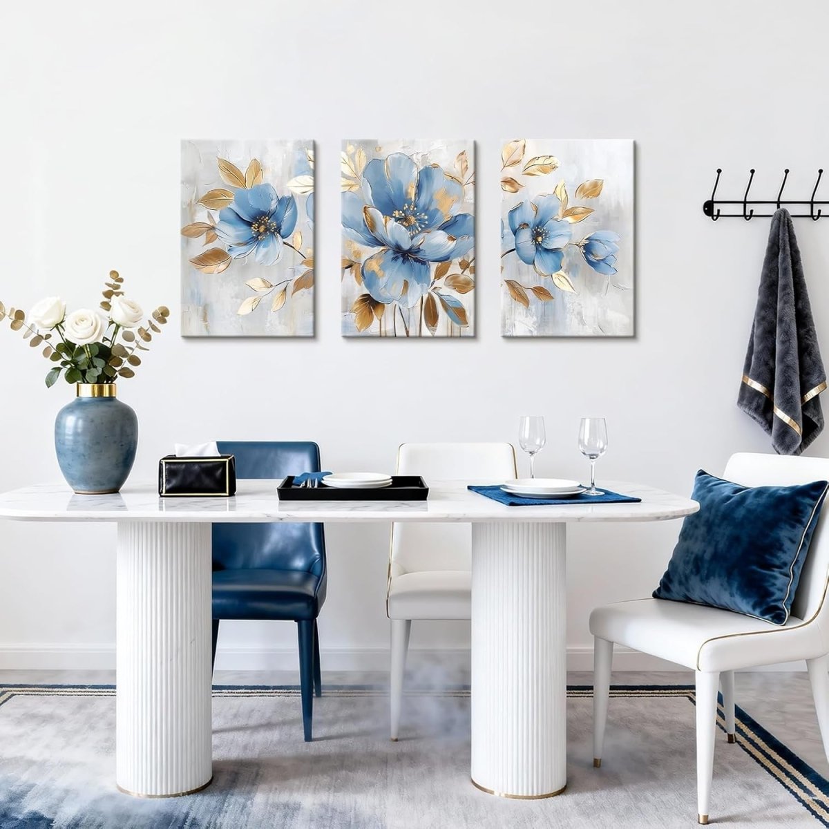 Set of 3 Blue Gold Floral Canvas Wall Art 40x60cm - Kwikley