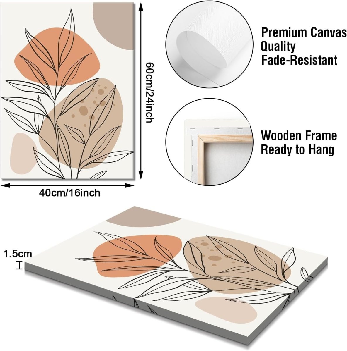 Set of 3 Boho Abstract Plant Canvas Wall Art 40x60cm - Kwikley