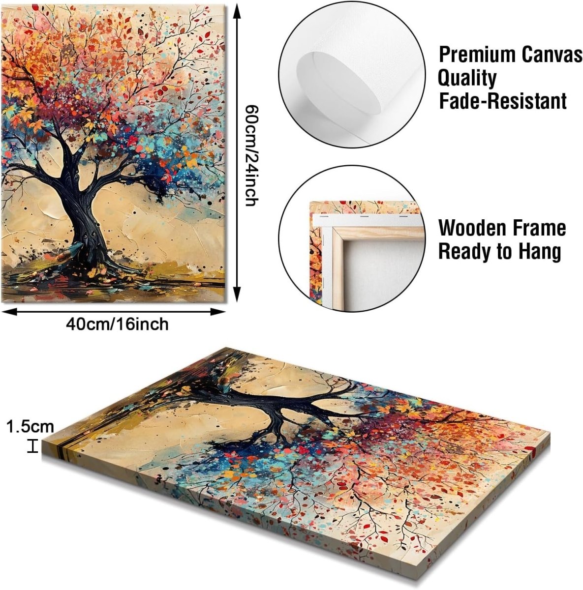Set of 3 Colourful Tree of Life Canvas Wall Art 40x60cm - Kwikley