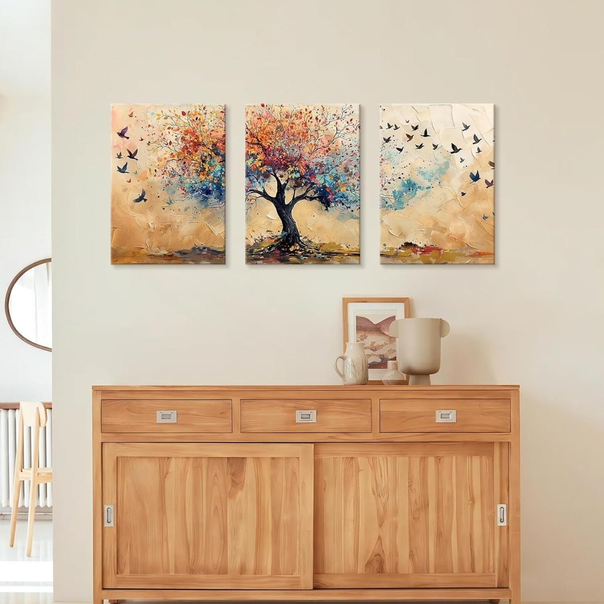 Set of 3 Colourful Tree of Life Canvas Wall Art 40x60cm - Kwikley