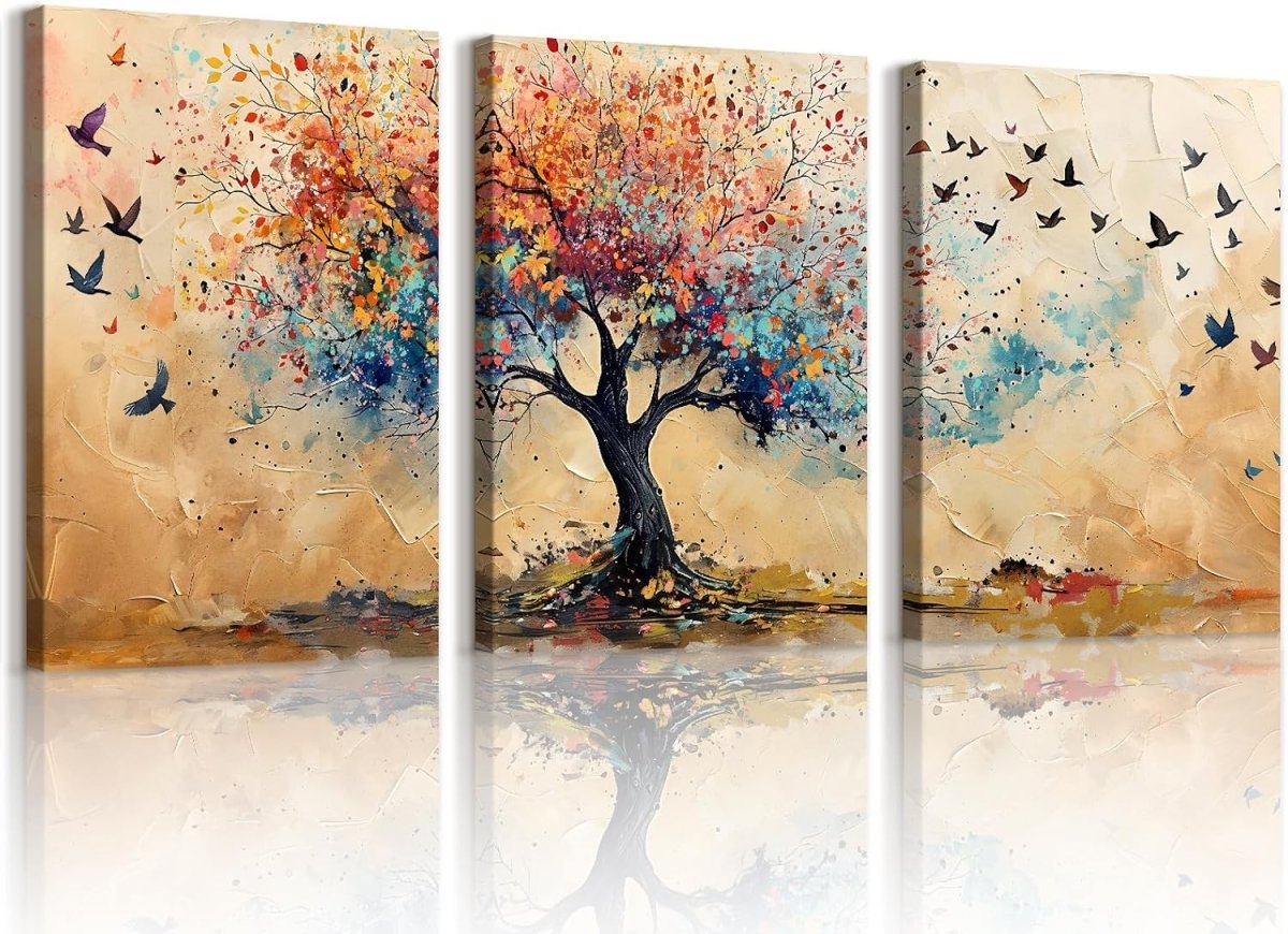 Set of 3 Colourful Tree of Life Canvas Wall Art 40x60cm - Kwikley