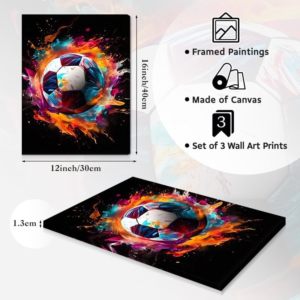 Set of 3 Framed Football Gaming Canvas Wall Art 12x16in Boys Room - Kwikley