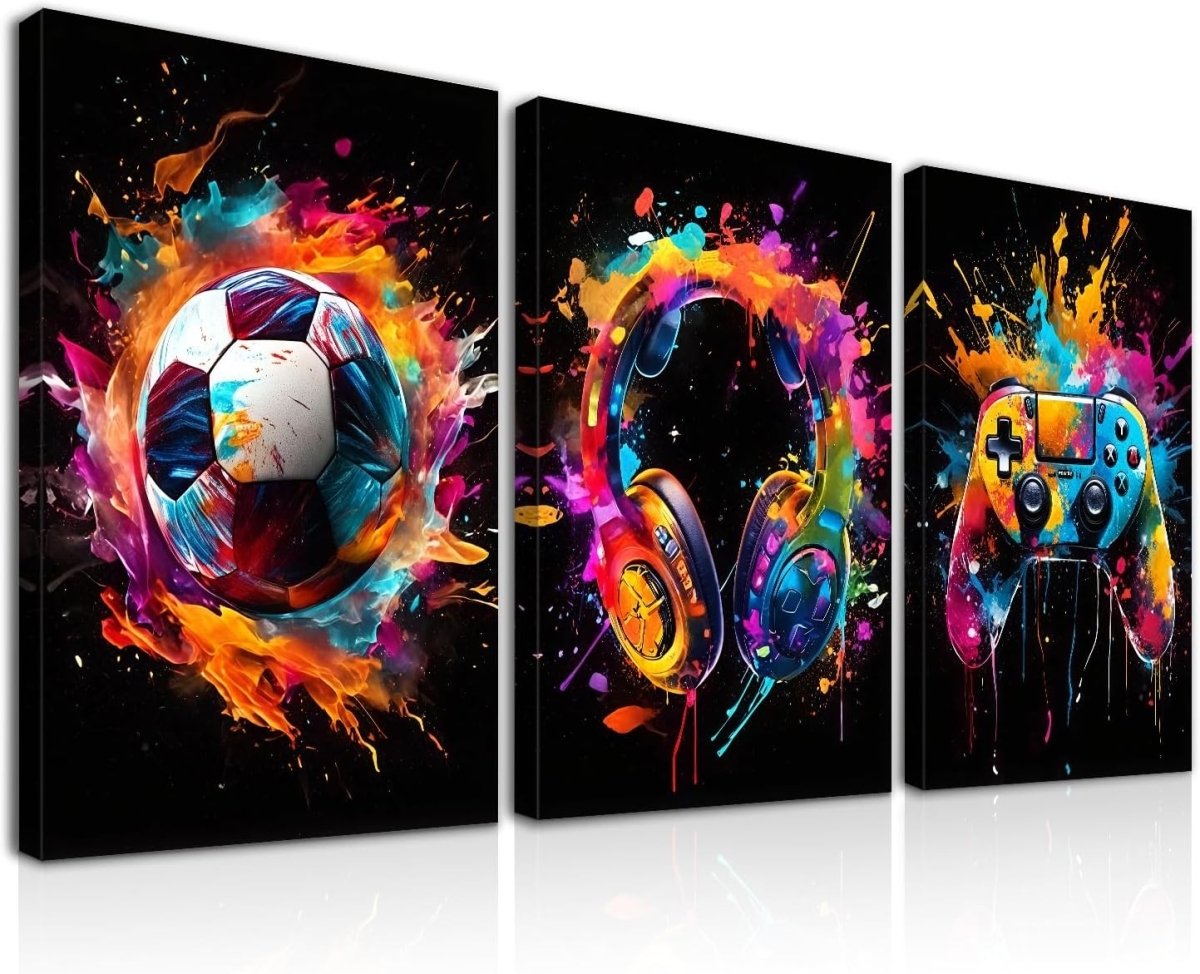 Set of 3 Framed Football Gaming Canvas Wall Art 12x16in Boys Room - Kwikley