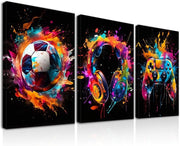 Set of 3 Framed Football Gaming Canvas Wall Art 12x16in Boys Room - Kwikley