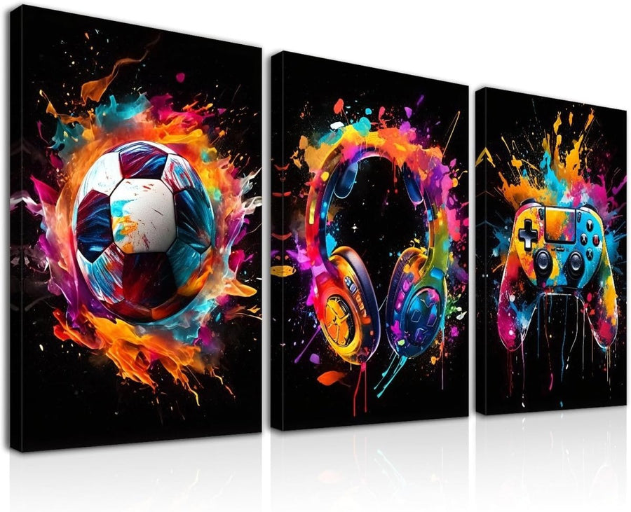 Set of 3 Framed Football Gaming Canvas Wall Art 12x16in Boys Room - Kwikley