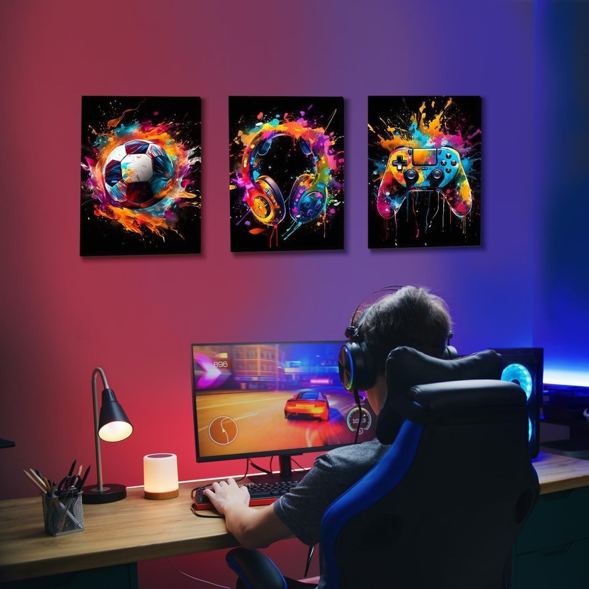 Set of 3 Framed Football Gaming Canvas Wall Art 12x16in Boys Room - Kwikley