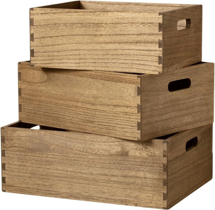 Set of 3 Nesting Wooden Crates with Handles 40x30x15cm Dark Brown Organizer - Kwikley