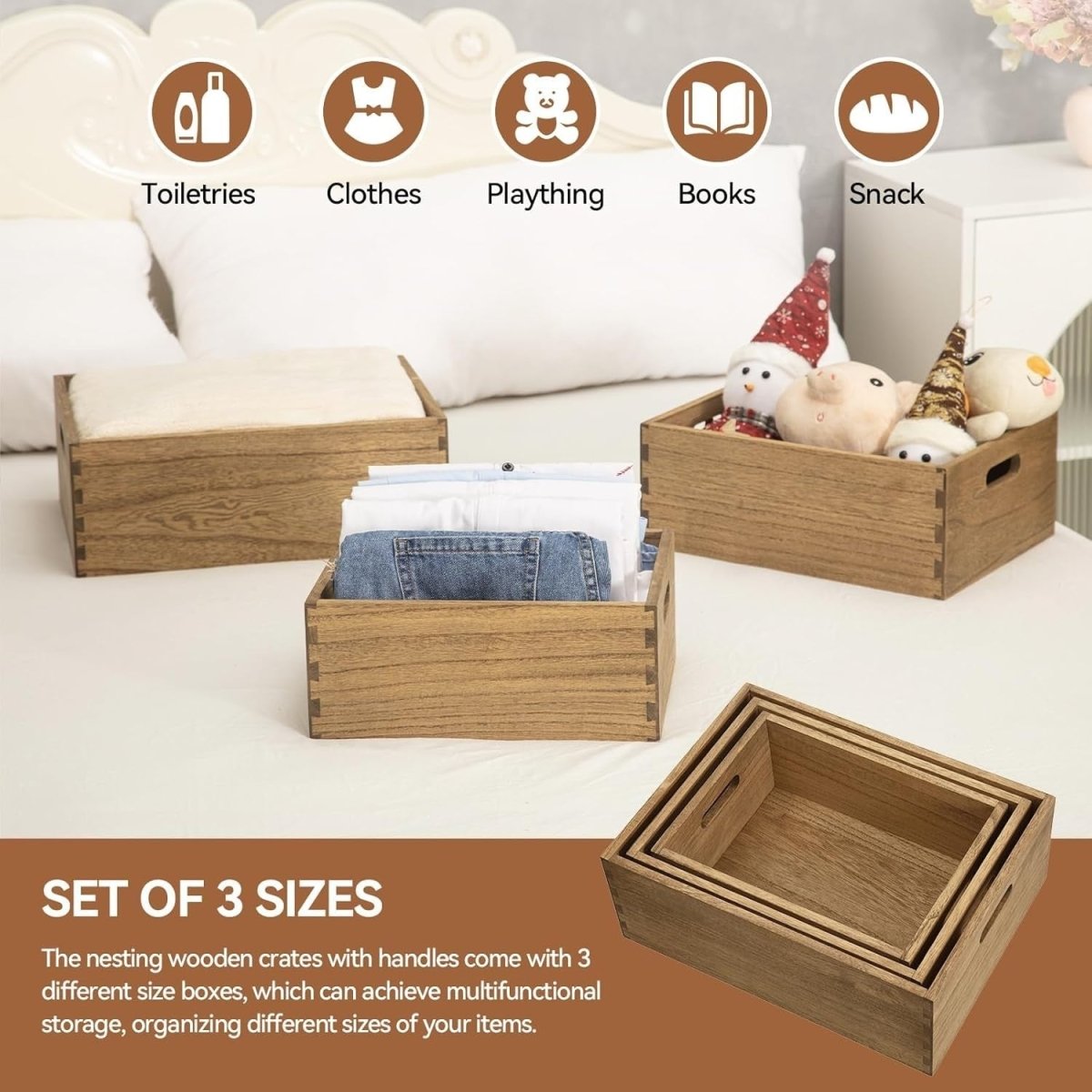 Set of 3 Nesting Wooden Crates with Handles 40x30x15cm Dark Brown Organizer - Kwikley