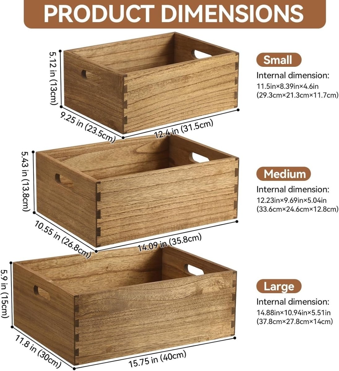 Set of 3 Nesting Wooden Crates with Handles 40x30x15cm Dark Brown Organizer - Kwikley