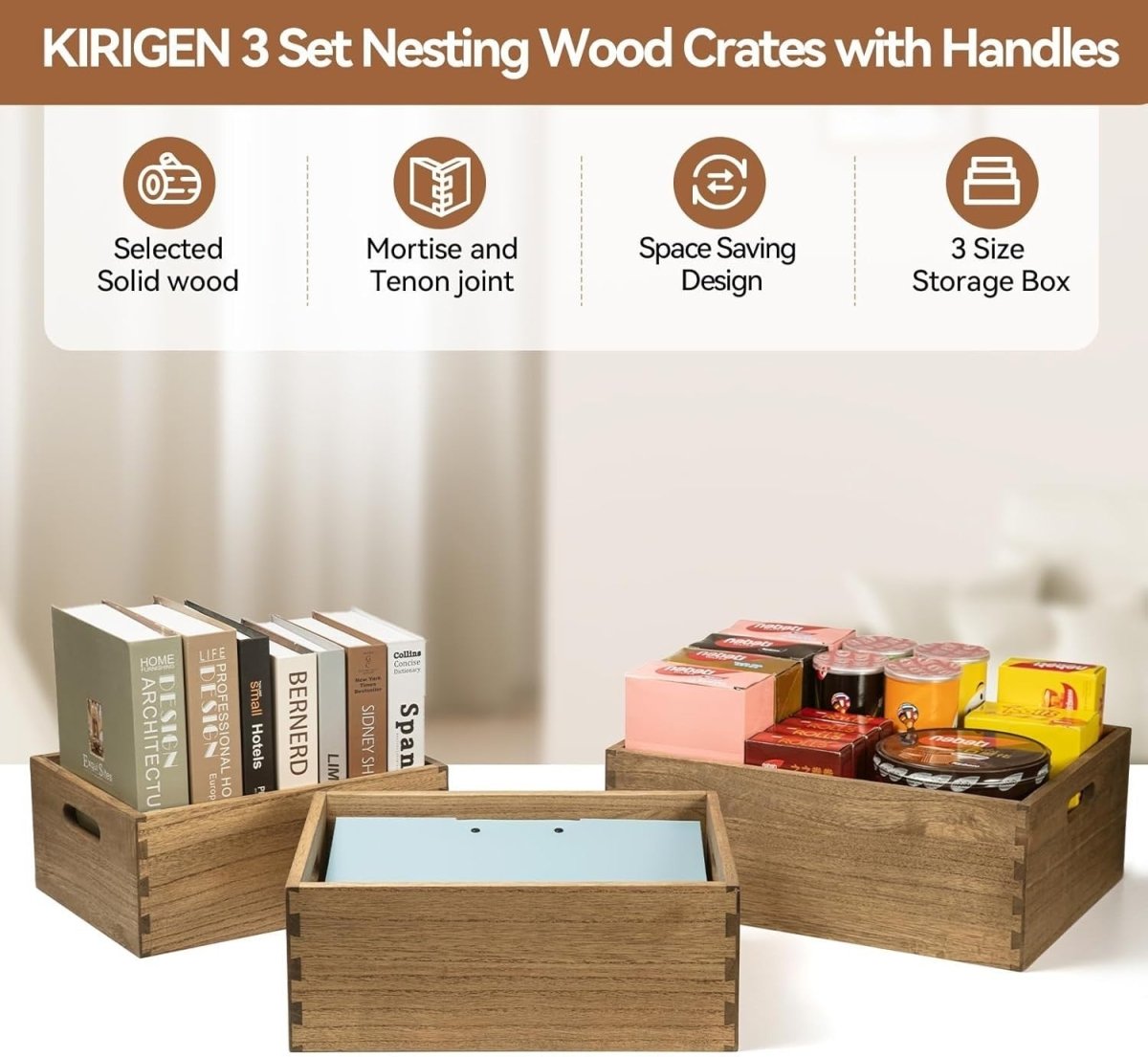 Set of 3 Nesting Wooden Crates with Handles 40x30x15cm Dark Brown Organizer - Kwikley