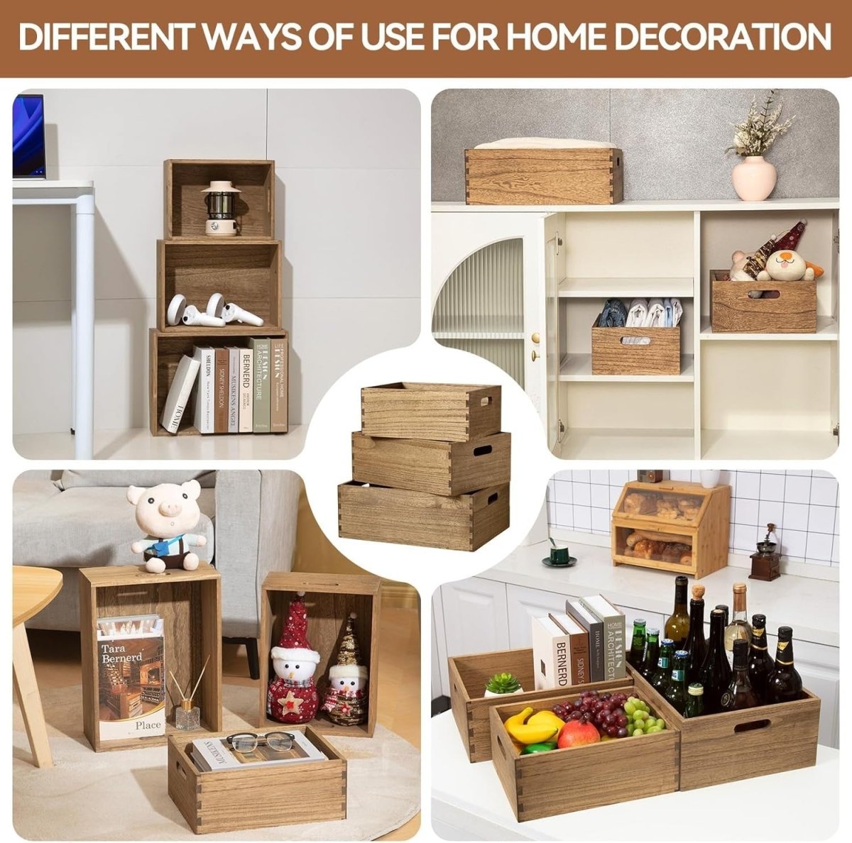 Set of 3 Nesting Wooden Crates with Handles 40x30x15cm Dark Brown Organizer - Kwikley