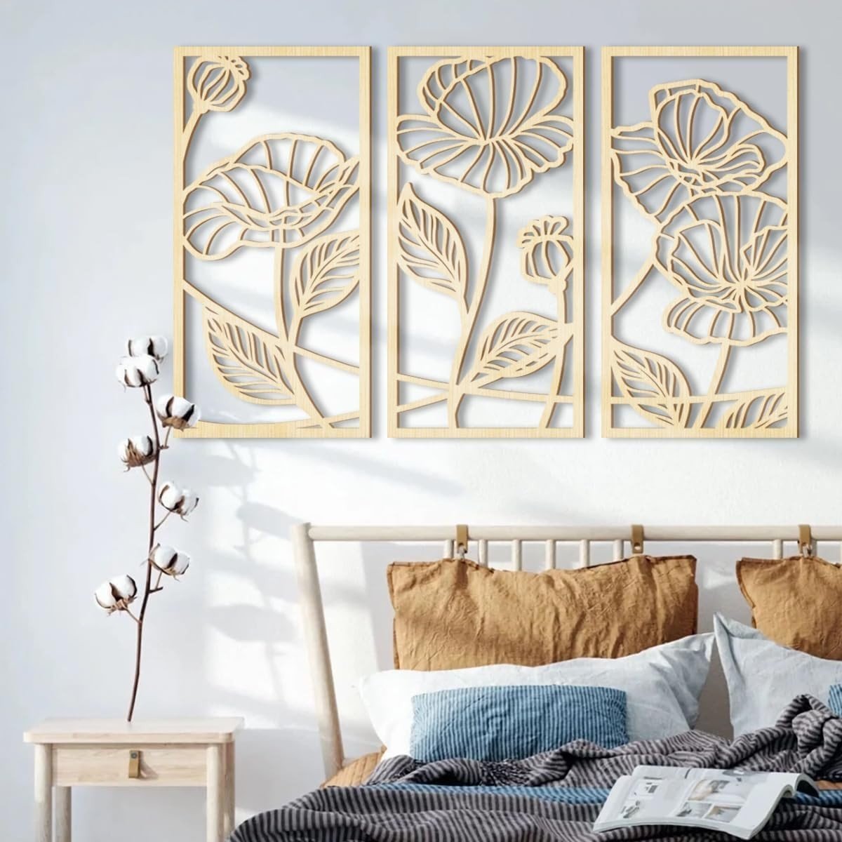 Set of 3 Wooden Floral Wall Art Panels 16x32in Boho Decor - Kwikley