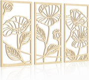 Set of 3 Wooden Floral Wall Art Panels 16x32in Boho Decor - Kwikley