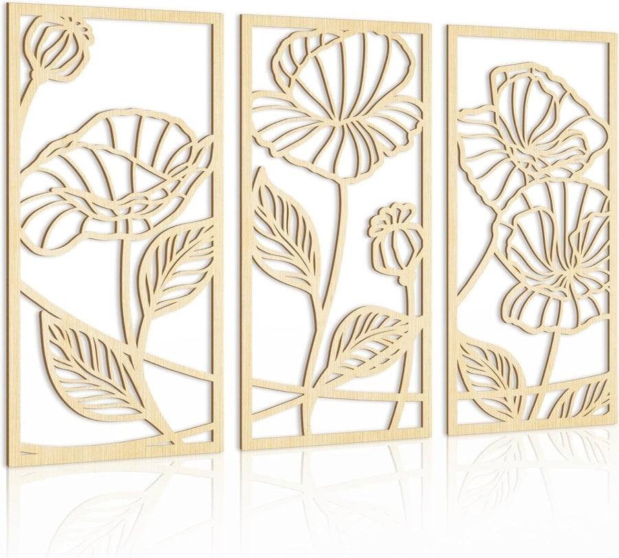 Set of 3 Wooden Floral Wall Art Panels 16x32in Boho Decor - Kwikley