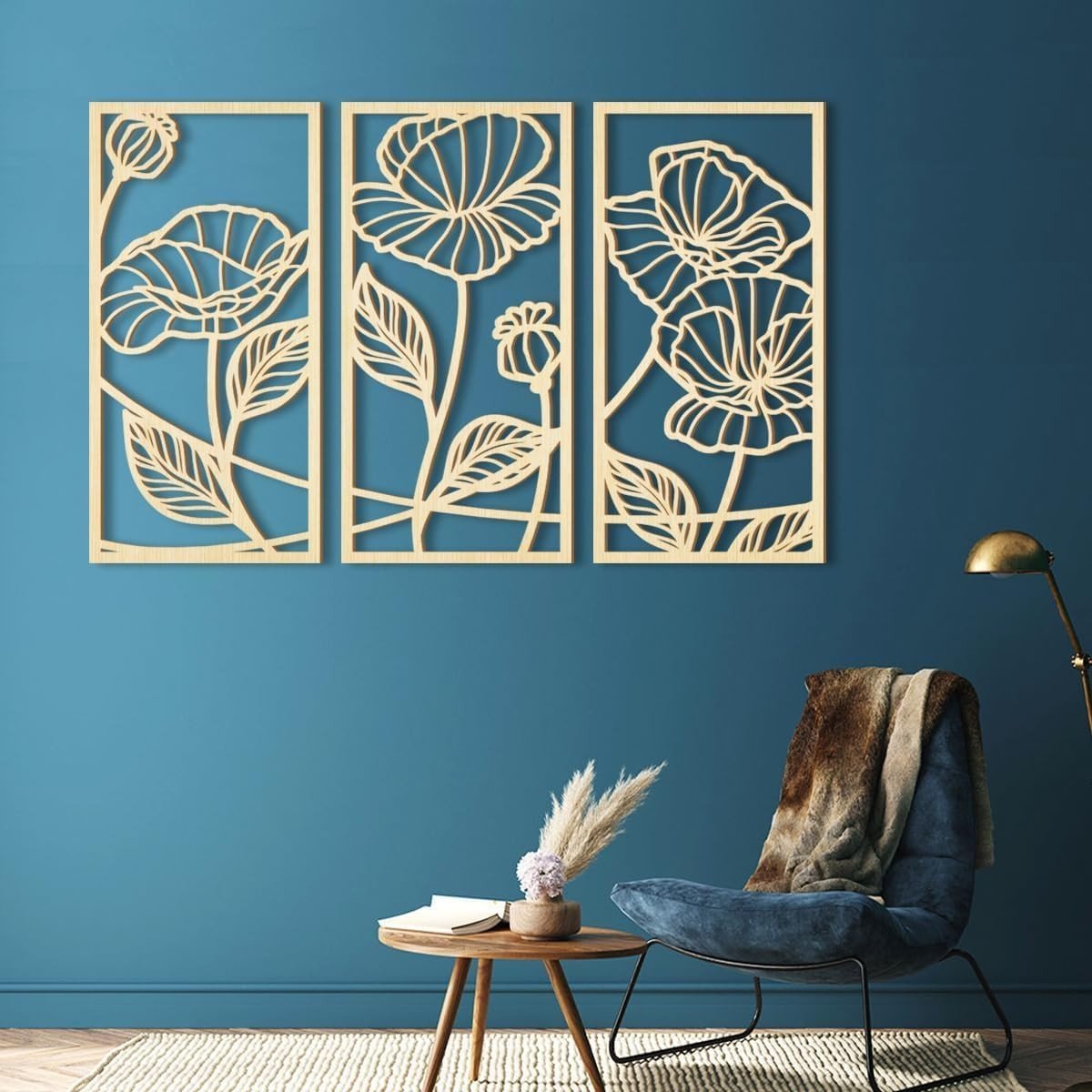 Set of 3 Wooden Floral Wall Art Panels 16x32in Boho Decor - Kwikley