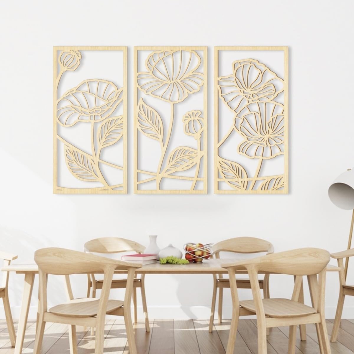 Set of 3 Wooden Floral Wall Art Panels 16x32in Boho Decor - Kwikley
