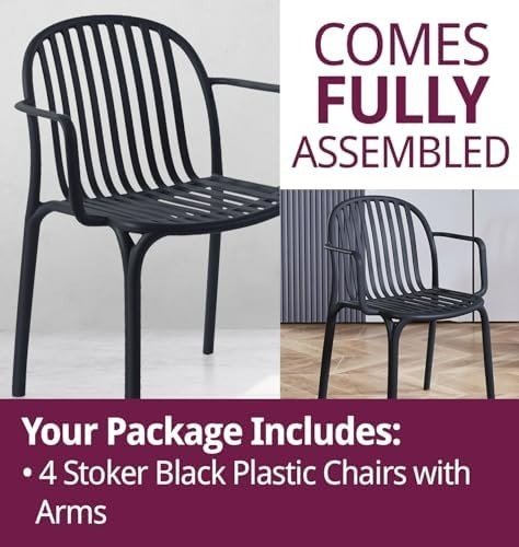 Set of 4 Black Plastic Stackable Armchairs Modern Dining Home Office - Kwikley