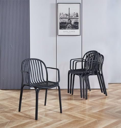Set of 4 Black Plastic Stackable Armchairs Modern Dining Home Office - Kwikley
