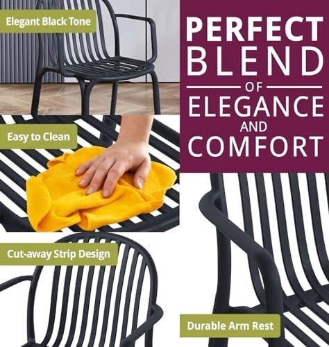 Set of 4 Black Plastic Stackable Armchairs Modern Dining Home Office - Kwikley