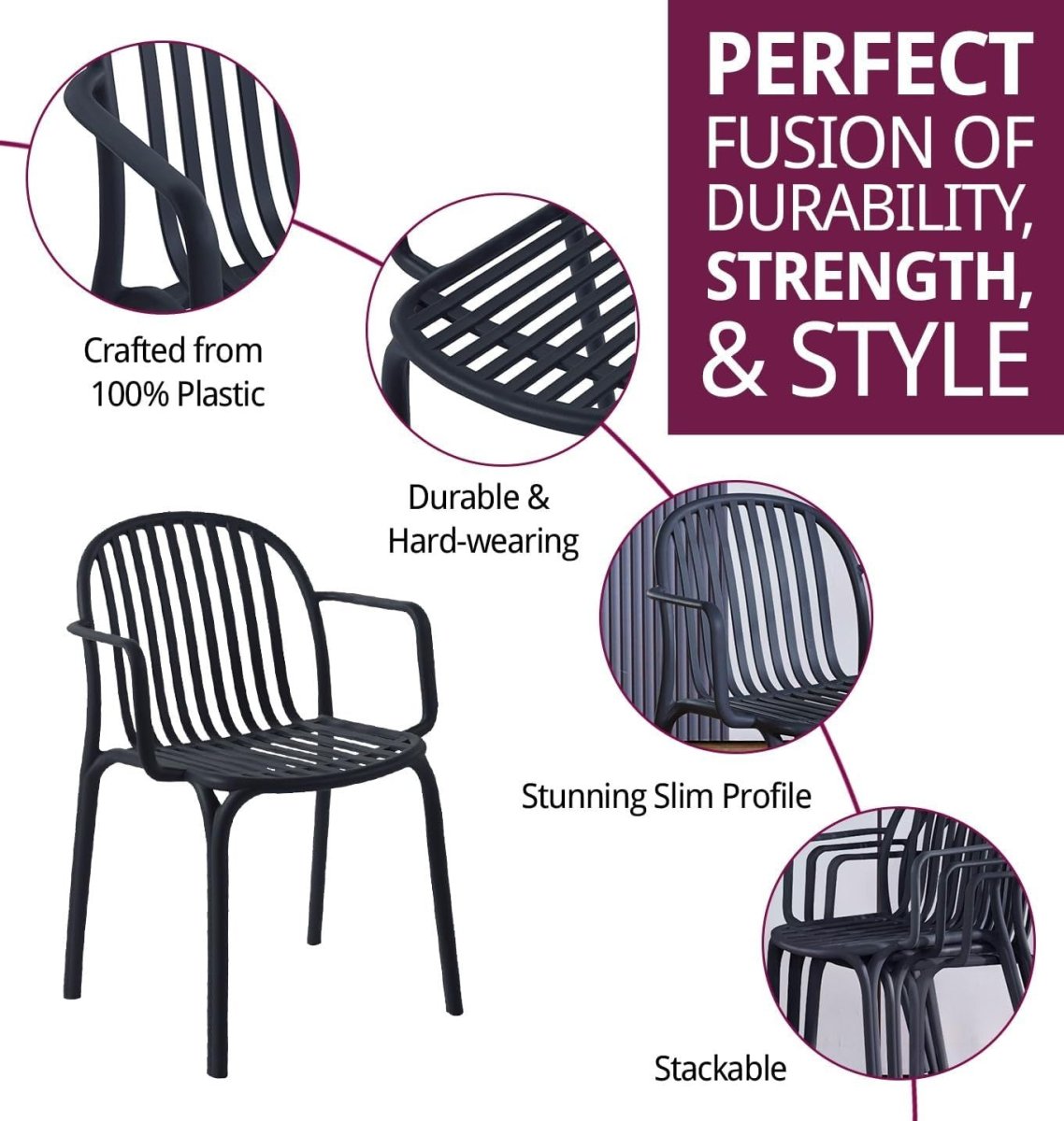 Set of 4 Black Plastic Stackable Armchairs Modern Dining Home Office - Kwikley