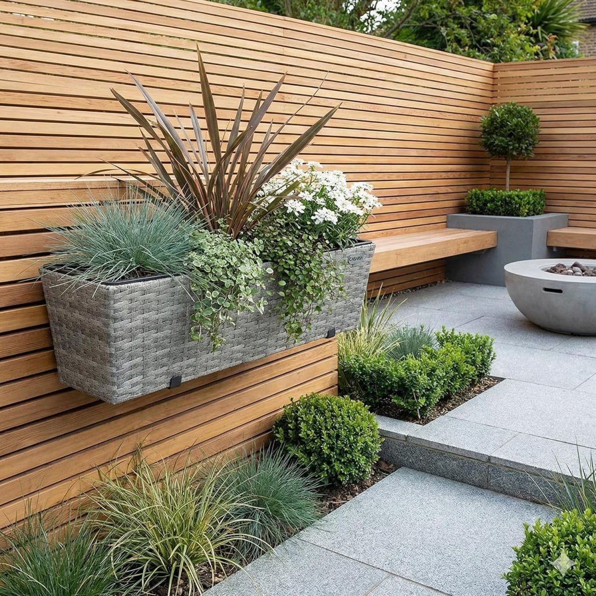 Set of 4 Grey Rattan Balcony Planters 60cm Hanging Window Boxes - Kwikley