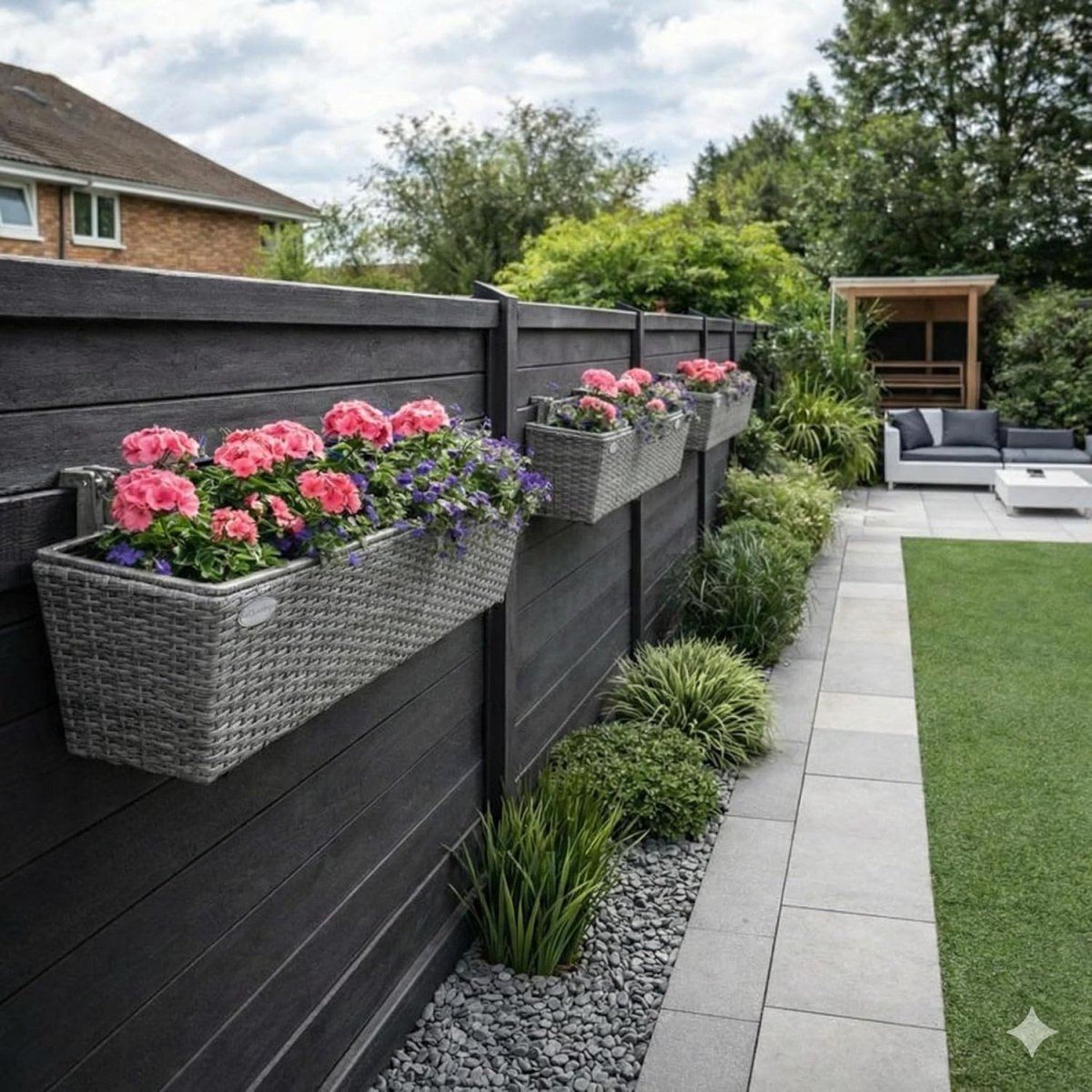 Set of 4 Grey Rattan Balcony Planters 60cm Hanging Window Boxes - Kwikley