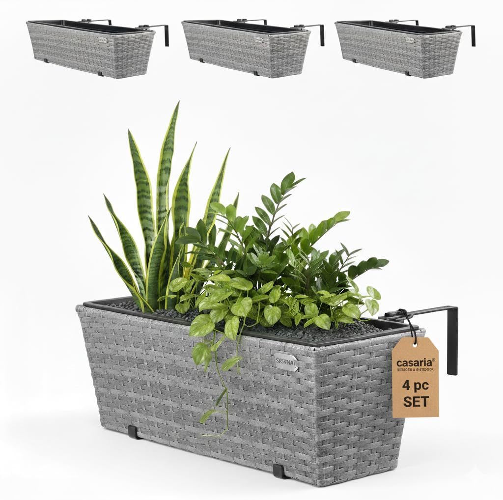 Set of 4 Grey Rattan Balcony Planters 60cm Hanging Window Boxes - Kwikley