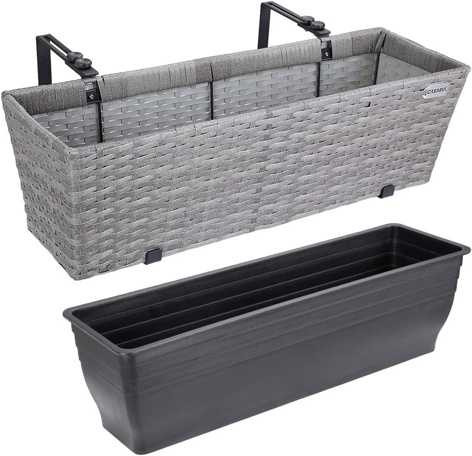Set of 4 Grey Rattan Balcony Planters 60cm Hanging Window Boxes - Kwikley
