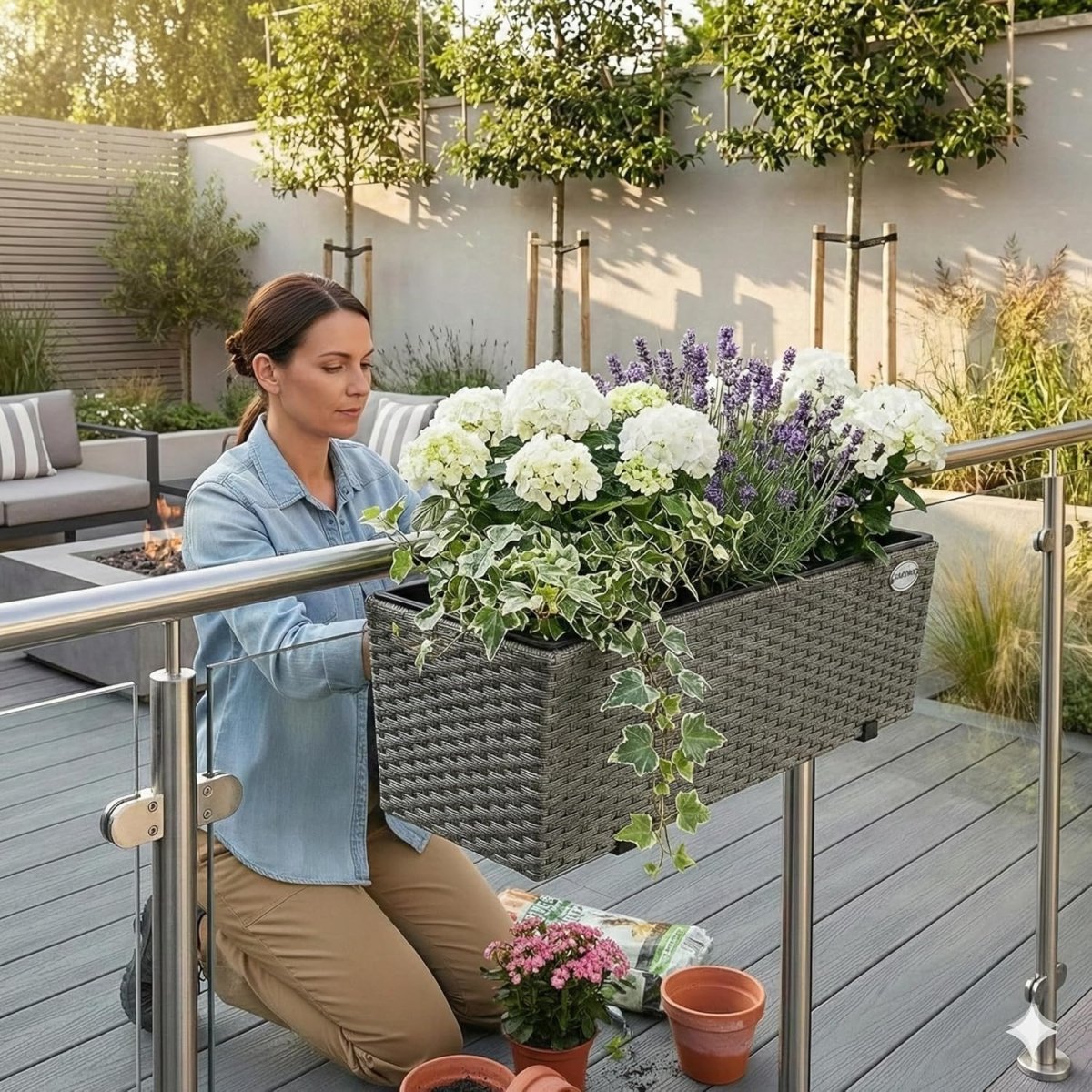 Set of 4 Grey Rattan Balcony Planters 60cm Hanging Window Boxes - Kwikley