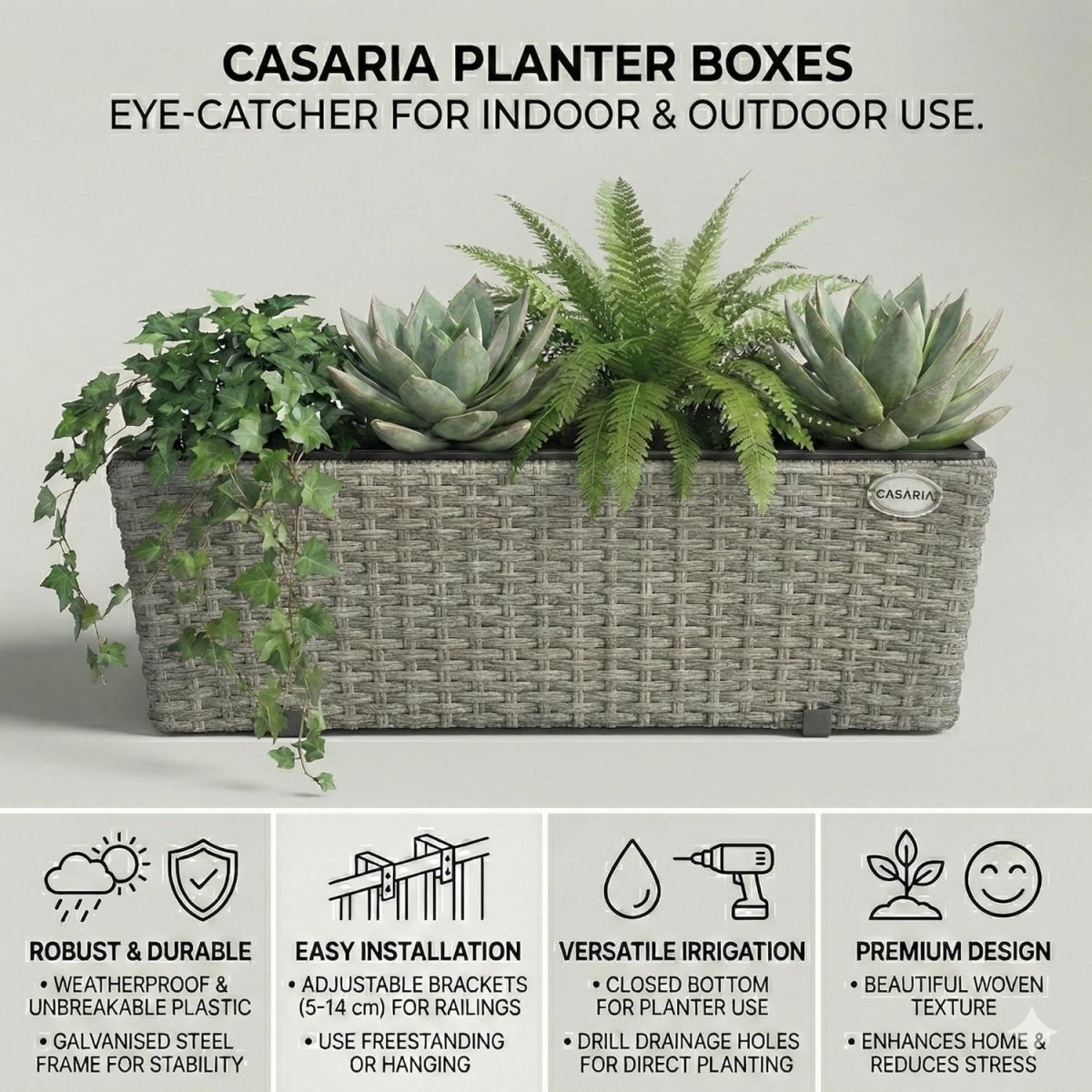 Set of 4 Grey Rattan Balcony Planters 60cm Hanging Window Boxes - Kwikley