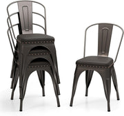Set of 4 Metal Stackable Dining Chairs PU Leather Seat Kitchen Bistro Grey - Kwikley