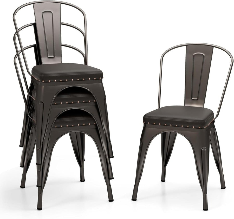 Set of 4 Metal Stackable Dining Chairs PU Leather Seat Kitchen Bistro Grey - Kwikley