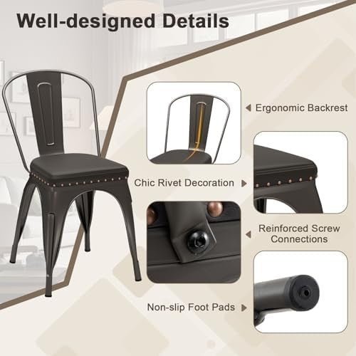Set of 4 Metal Stackable Dining Chairs PU Leather Seat Kitchen Bistro Grey - Kwikley