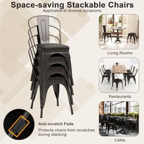 Set of 4 Metal Stackable Dining Chairs PU Leather Seat Kitchen Bistro Grey - Kwikley