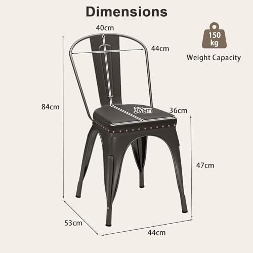 Set of 4 Metal Stackable Dining Chairs PU Leather Seat Kitchen Bistro Grey - Kwikley
