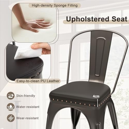 Set of 4 Metal Stackable Dining Chairs PU Leather Seat Kitchen Bistro Grey - Kwikley
