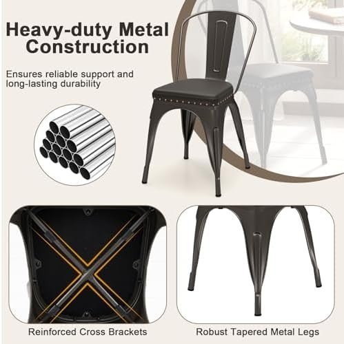 Set of 4 Metal Stackable Dining Chairs PU Leather Seat Kitchen Bistro Grey - Kwikley