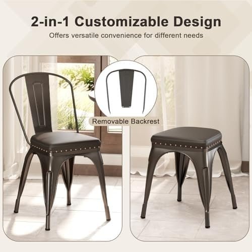 Set of 4 Metal Stackable Dining Chairs PU Leather Seat Kitchen Bistro Grey - Kwikley