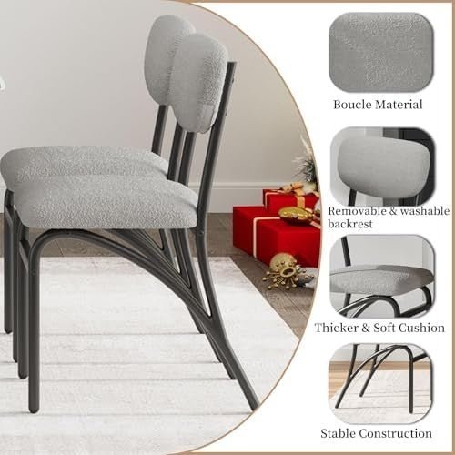 Set of 4 Modern Boucle Dining Chairs Stackable Upholstered Metal Legs Grey - Kwikley