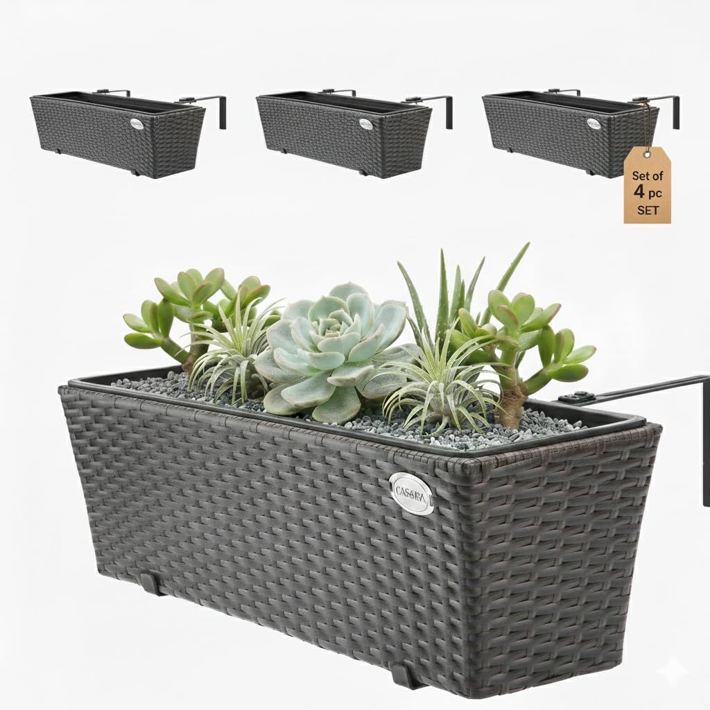 Set of 4 Rattan Balcony Planters 60cm Hanging Window Boxes Brown - Kwikley