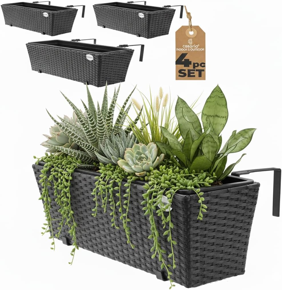 Set of 4 Rattan Balcony Planters 60cm Window Box Hanging Flower Pots - Kwikley